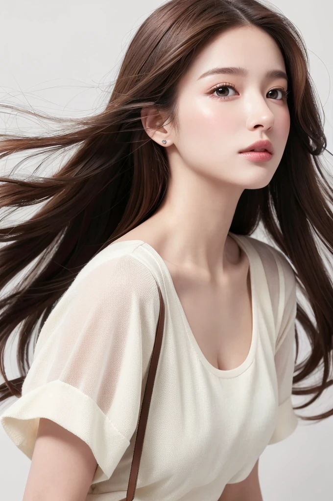 (Highest quality、Tabletop、8k、Best image quality、Award-winning works)、((profile:1.4))、ear、((Long Hair:1.46)),(Brown Hair)、(White casual clothes:1.2)、(The simplest pure white background:1.3)、(Perfectly fixed in front:1.1),(Portrait with Space:1.2)、Beautiful and exquisite、Perfect Makeup、Ultra-high definition beauty face、Ultra HD Hair、Ultra HD Shining Eyes、Super high quality glossy lip、Accurate anatomy、Very beautiful skin、(Pure white skin shining in ultra-high resolution:1.1)、(Very bright:1.2),Big Natural Color Lip、Lip gloss,Harajuku、cute、cute美人