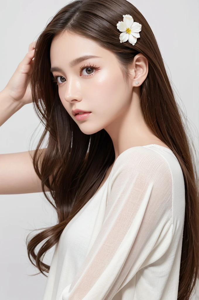 (Highest quality、Tabletop、8k、Best image quality、Award-winning works)、((profile:1.4))、ear、((Long Hair:1.46)),(Brown Hair)、(White casual clothes:1.2)、(The simplest pure white background:1.3)、(Perfectly fixed in front:1.1),(Portrait with Space:1.2)、Beautiful and exquisite、Perfect Makeup、Ultra-high definition beauty face、Ultra HD Hair、Ultra HD Shining Eyes、Super high quality glossy lip、Accurate anatomy、Very beautiful skin、(Pure white skin shining in ultra-high resolution:1.1)、(Very bright:1.2),Big Natural Color Lip、Lip gloss,Harajuku、cute、cute美人