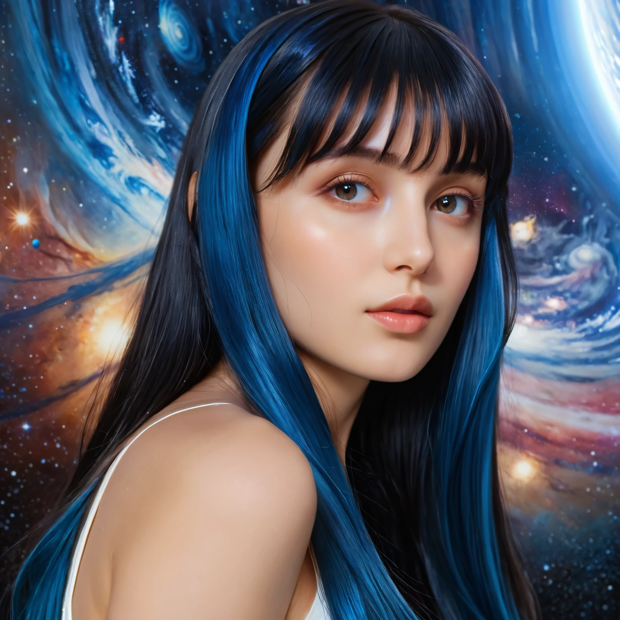 a photo of a handsome girl with long blue hair, bangs, and detailed face looking at the viewer, stunning detailed portrait of anesimar flying in space, detailed galaxy and planets, 4k, best quality, extremely detailed, masterpiece, realistic, photo-realistic, ultra-fine painting, vivid colors, studio lighting