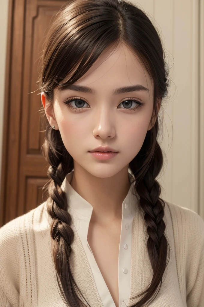 Portrait、master piece:1.3、one girl、Upper body、Upper body、baby face、natural、very cute、brown eyes、ash gray hair、Braid、plump lips、No makeup、luxury shirt with lace、black shirt、最high quality、High resolution、Super fine、high quality、detailed details、8k、(((background blur、gray walls、gray background、White world、studio:1.5、movie lighting、Professional photographer)))