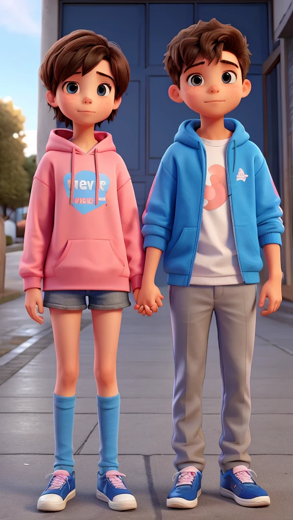 boy and girl holding hands. The boy in the blue sweatshirt and the name "Abel" written on the sweatshirt and the girl in the pink sweatshirt with the name Estela