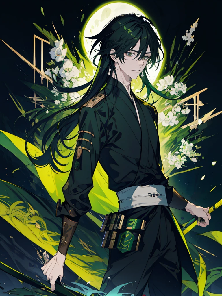 Rogue, 1man, fantasy ,longhair, greeneyes, samuraistyle, blackhairhightlightgreen, japan, handsome, 21yearold, earing