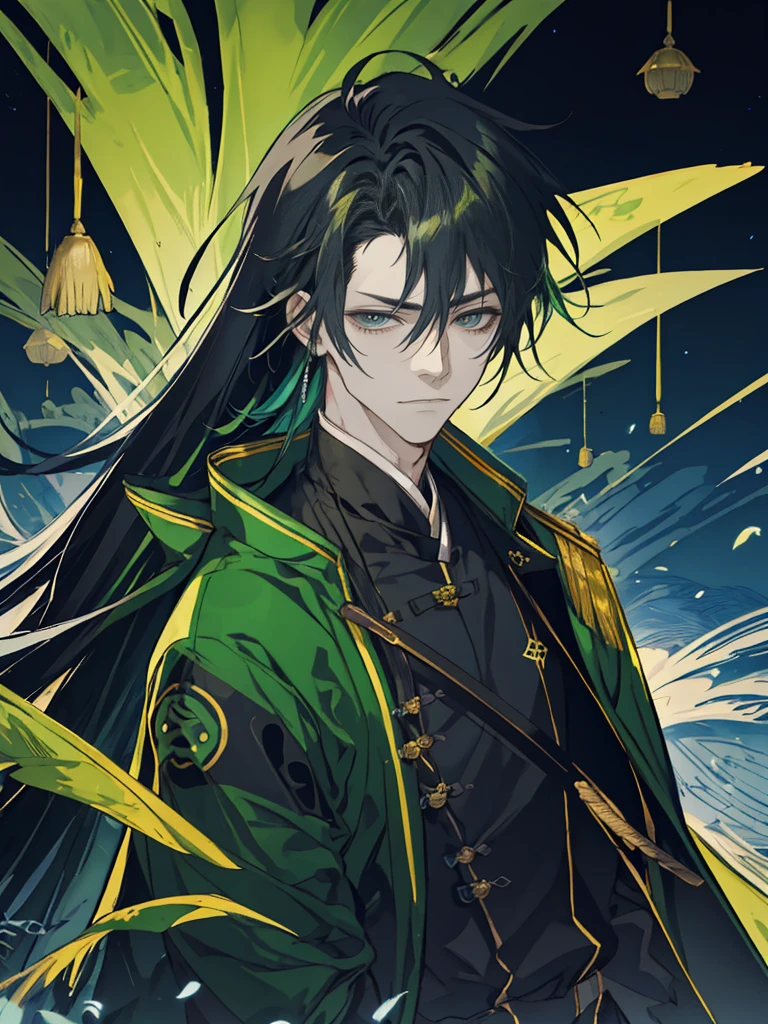 Rogue, 1man, fantasy ,longhair, greeneyes, samuraistyle, blackhairhightlightgreen, japan, handsome, 21yearold, earing