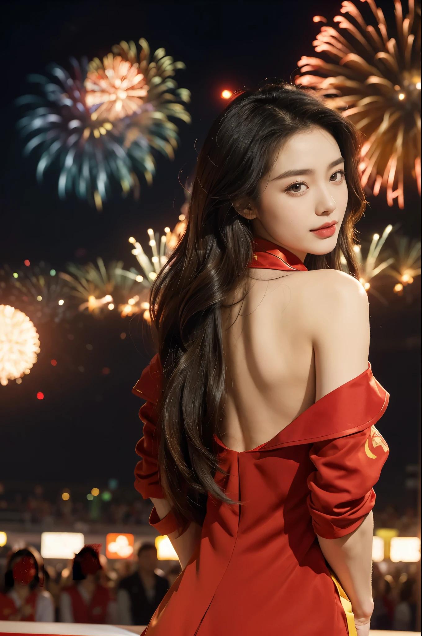 (((best quality))),(((ultra detailed))),(((masterpiece))),illustration, ((Olympic Opening Ceremony,in Paris,summer night,magnificent National stadium of France,Olympic flame, fireworks)),(crowded crowds of enthusiastic spectators:1.3),((a beautiful Chinese girl,solo)),((shoulder length straight hair:1.2)),((slim,thin)),((shoulder off,strapless,bare back,towering hips,butt crack)),(red blazer:1.5),(yellow dress:1.2),excited expression, awe, celebrating, electric atmosphere, sense of pride, excitement, playing field, crowd energy, unity, camaraderie, representing China, historic event, memorable moment,((from back,upper body))