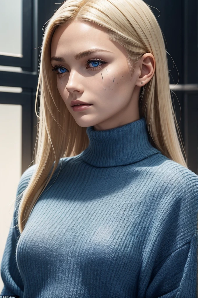 young man with blonde hair combed back. With dark and serious blue eyes, she has multiple diagonal scars that run from one side to the other of her face like scratches,she has multiple diagonal scars that run from one side to the other of her face like scratches,she has multiple diagonal scars that run from one side to the other of her face like scratches,she has multiple diagonal scars that run from one side to the other of her face like scratches,she has multiple diagonal scars that run from one side to the other of her face like scratches,she has multiple diagonal scars that run from one side to the other of her face like scratches,she has multiple diagonal scars that run from one side to the other of her face like scratches. The expression on her face is serene and contemplative. He wears a blue turtleneck sweater with long sleeves that cover his hands. Large white wings extend from his back, like those of an angel, she wears the lower part of a knight's plate armor.