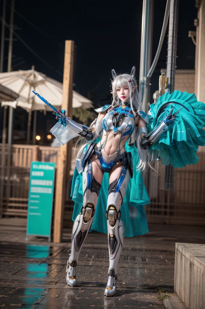 Super Detail, High Detail, high quality, best quality, High resolution，1 female robot，Beautiful female robot,beautiful clear face(Rain waves_haneame：1.5)， Realistic, High resolution, Soft Light,Hips up, (Detailed face), silver hair, long hair, Mecha Maiden, Colorful mechanical parts, mechanical joint, Thick mechanical armor,Weaponry, All metal body, Technology Antenna Hair Accessories