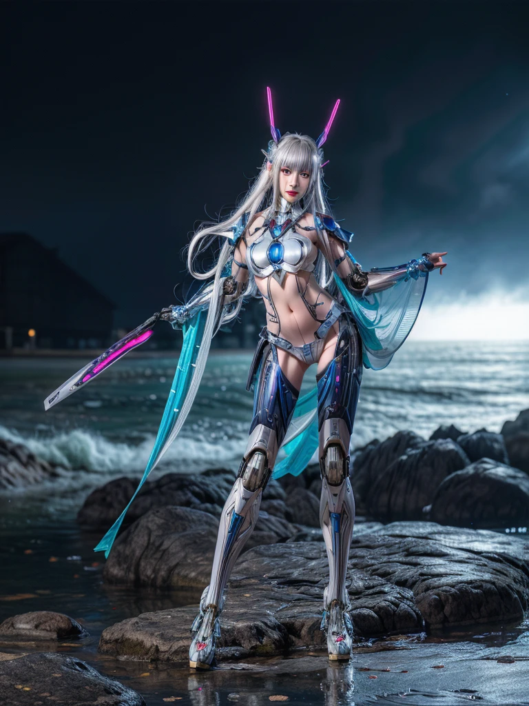 Super Detail, High Detail, high quality, best quality, High resolution，1 female robot，Beautiful female robot,beautiful clear face(Rain waves_haneame：1.5)， Realistic, High resolution, Soft Light,Hips up, (Detailed face), silver hair, long hair, Mecha Maiden, Colorful mechanical parts, mechanical joint, Thick mechanical armor,Weaponry, All metal body, Technology Antenna Hair Accessories