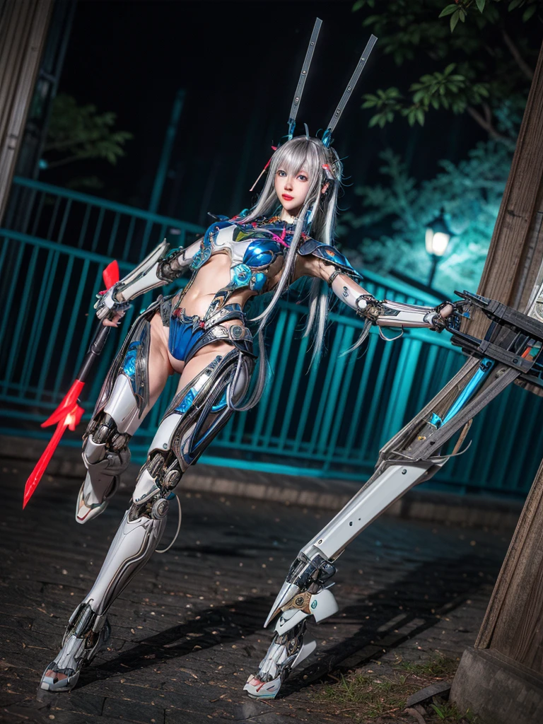 Super Detail, High Detail, high quality, best quality, High resolution,1 female robot,Beautiful female robot,beautiful clear face(Rain waves_haneame:1.5), Realistic, High resolution, Soft Light,Hips up, (Detailed face), silver hair, long hair, Mecha Maiden, Colorful mechanical parts, mechanical joint, Thick mechanical armor,Weaponry, All metal body, Technology Antenna Hair Accessories