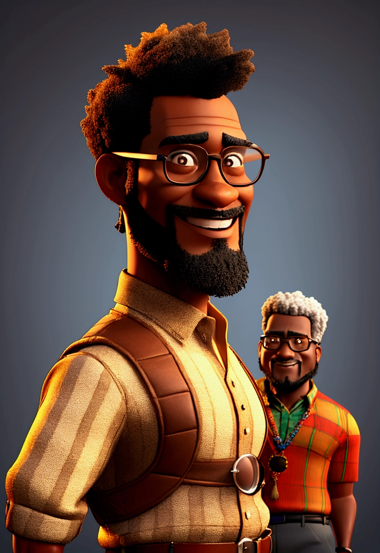 Create a majestic 3D render of a muscular African-descendant professor with short hair and a beard, wearing glasses and clothing with African fabric details. The style should be reminiscent of a cinematic, Pixar-esque movie poster, crafted using cutting-edge Unreal Engine, Octane Engine, and V-Ray technologies.