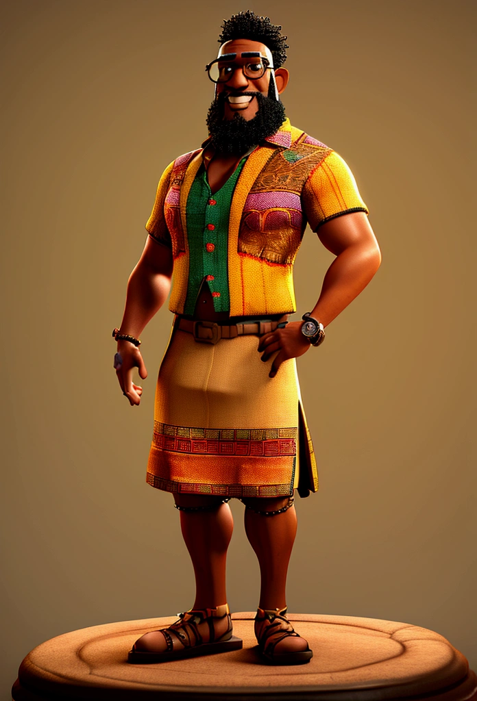 Create a majestic 3D render of a muscular African-descendant professor with short hair and a beard, wearing glasses and clothing with African fabric details. The style should be reminiscent of a cinematic, Pixar-esque movie poster, crafted using cutting-edge Unreal Engine, Octane Engine, and V-Ray technologies.