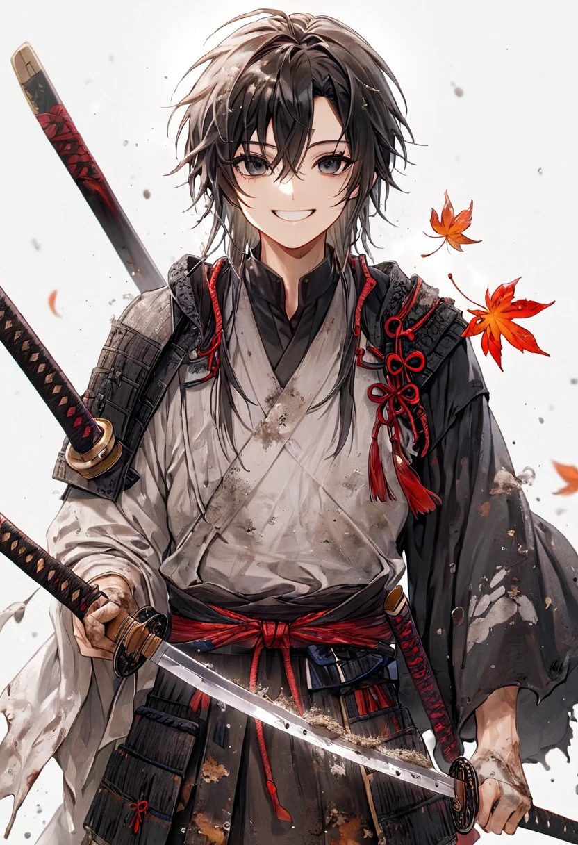 Ronin, Dirty, Boy, Two sword, black eyes, black samurai long unkempt hair, ragged body, gray- white Torn clothes, Smile, Maple leaf background.