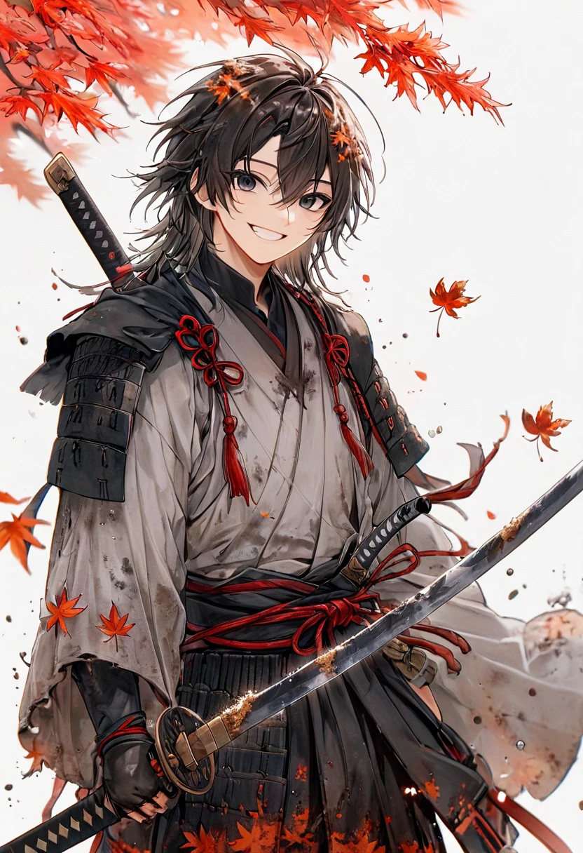Ronin, Dirty, Boy, Two sword, black eyes, black samurai long unkempt hair, ragged body, gray- white Torn clothes, Smile, Maple leaf background.