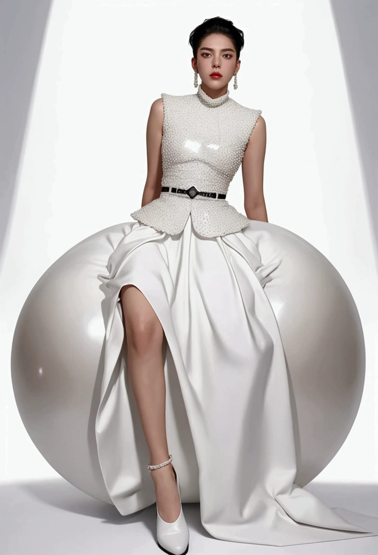 Simple white background,A male teenager,Wearing a white shirt,Sitting on a giant pearl,huge white pearl,a fashion design of a pearl dress, a model wearing pearl earrings posing with pearls hair in dress with pearls, fashion design, exaggerate position, futuristic magazine cover, Dynamic movements, exastanding, full-body, solid background, in the style of baroque-punk, multi-layered, chen zhen, high gloss, lady gaga, imitated material, meticulous design —ar 3:4—private 6