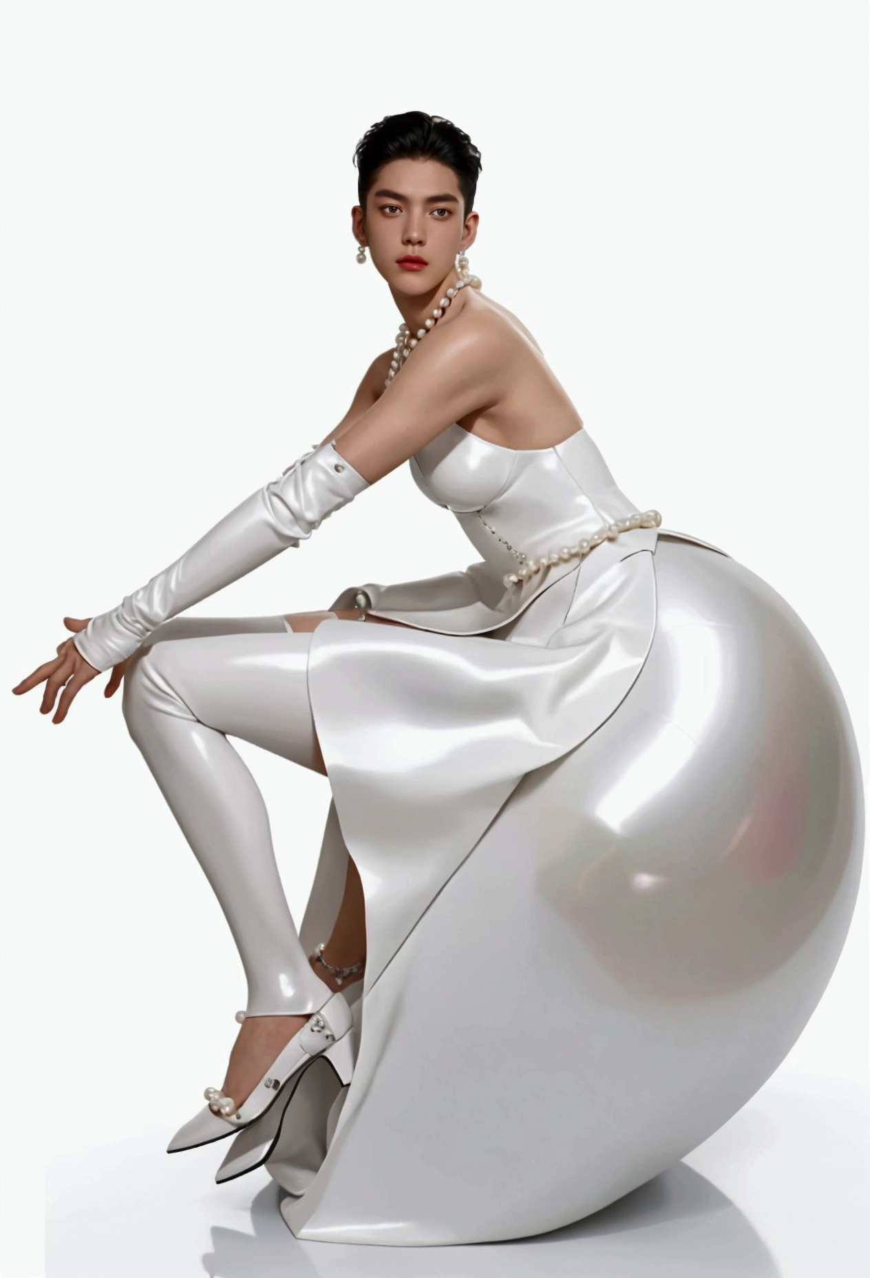 Simple white background，A male teenager，Wearing a white shirt，Sitting on a giant pearl，huge white pearl，a fashion design of a pearl dress, a model wearing pearl earrings posing with pearls hair in dress with pearls, fashion design, exaggerate position, futuristic magazine cover, Dynamic movements, exastanding, full-body, solid background, in the style of baroque-punk, multi-layered, chen zhen, high gloss, lady gaga, imitated material, meticulous design —ar 3:4—private 6