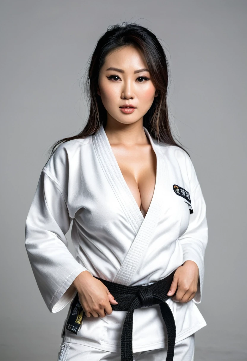 Sexy asian woman, big breasts , life like features, realistic, human like posing and emotion, wearing a gi, black belt