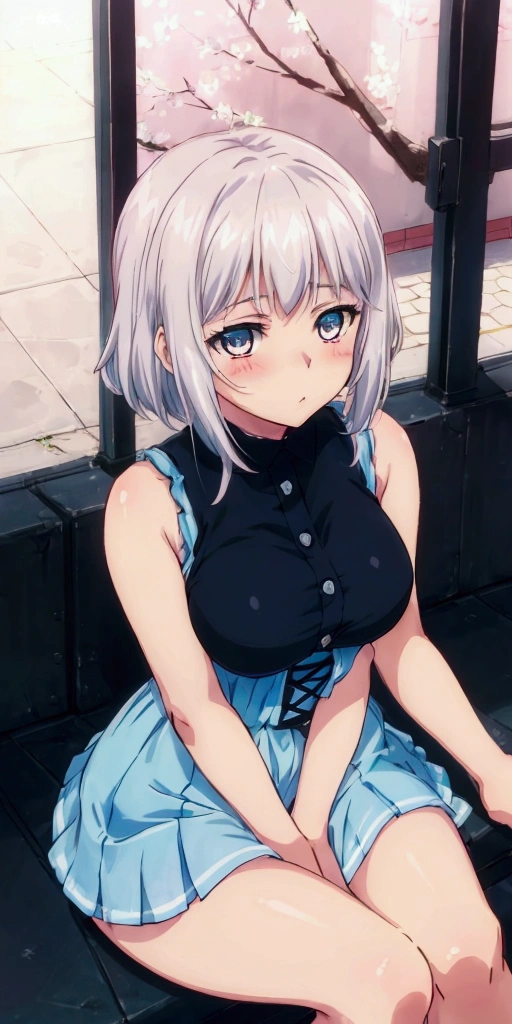 bound arms, arms behind back, rope, highres, highest quallity, illustration, ultra detailed, (detailed face), (detailed eyes), soft lighting, best quality, hyper detailed, masterpiece, looking at viewer, angry, slight frown, 1girl, solo, short hair, white hair with blue tips, skirt, black clothing, upper body, shack, window, night, green eyes, small breasts