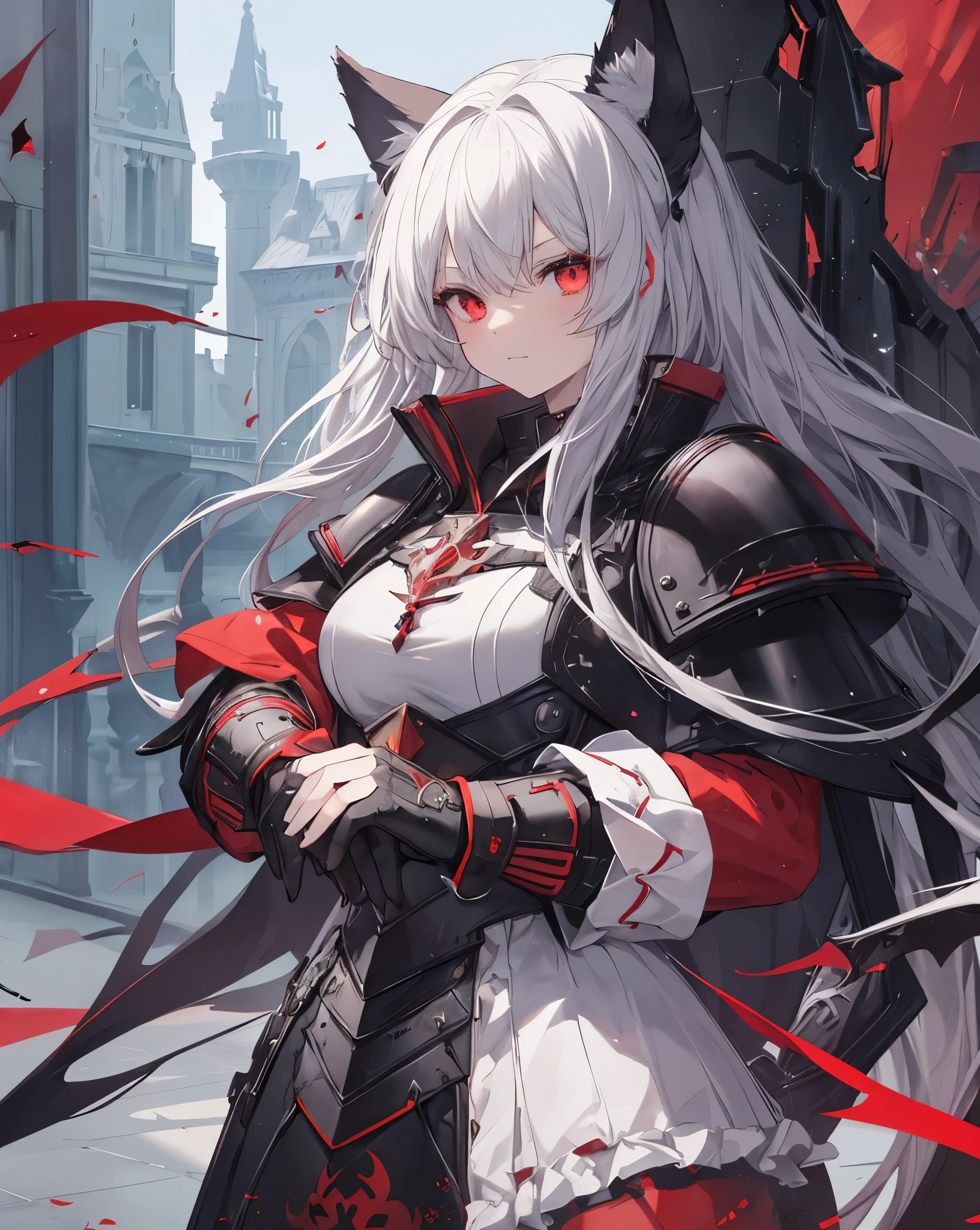 masterpiece, 1catgirl, cat ears, White long hair, Red eyes, intricate Black armour, she is a dragon slayer with a giant dead dragon behind her. She won the fight. Damaged black and Red shirt over the armour. Portrait.