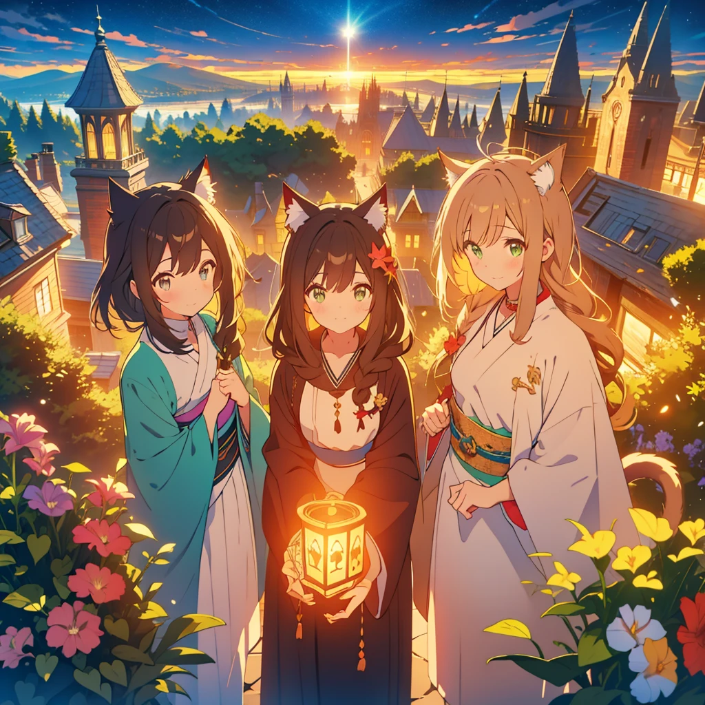 kawaii, anime, Cute, hyper quality, highly detailed, 8k, Front facing, Clarity, brown long hair, green eyes, smile, whole body, Cat ear, amaryllis, Wink and smile broadly, fly in the sky, good sisters, Cat ears stick out from the witch's hat, witch's black robe, fantasy, fog effect, particles of light, Uplifting, hill overlooking the town, bird's eye view, flower blooming hill, colorful amaryllis, Cityscape lit with lights, starry sky, clock tower, iris, You can see the cityscape in the distance, night view, western witch, medieval cityscape, cape, amaryllis flower, magic effect, wizard's robe, cat ears, golden eyes, 	