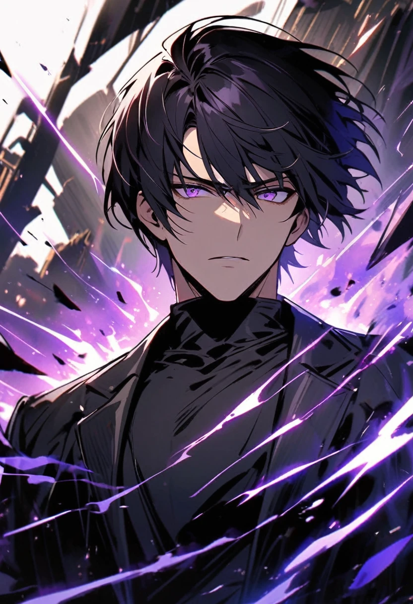 handsome, alone, 1 man, short hair, black hair, purple eyes, black shirt, black coat, Lots of power