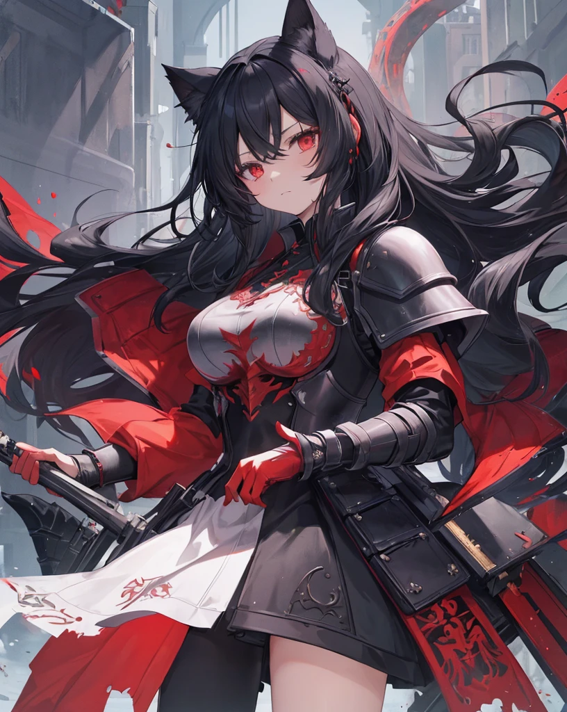 Solo、((Red dress))、Mantis AI, SF Armor, Blue Long Hair、Highest image quality, of the highest quality, Ultra-high resolution, masterpiese, 8K, Perfect Anatomy, High Tiles, Realistic skin, Cute face, Cute eyes, Full body, (Cute praying mantis head:1.4), Mantis woman, compound, Partially human face, Mantis suit, (Arm with sickle:1.3), (Rainbow Color Glossy Suit:1.2), Smile, Standing, grass field,scifi armor, gauntlets, rifle