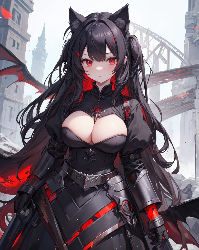 masterpiece, 1catgirl, cat ears, White long hair, Red eyes, intricate Black armour, she is a dragon slayer with a giant dead dragon behind her. She won the fight. Damaged black and Red shirt over the armour. Portrait.