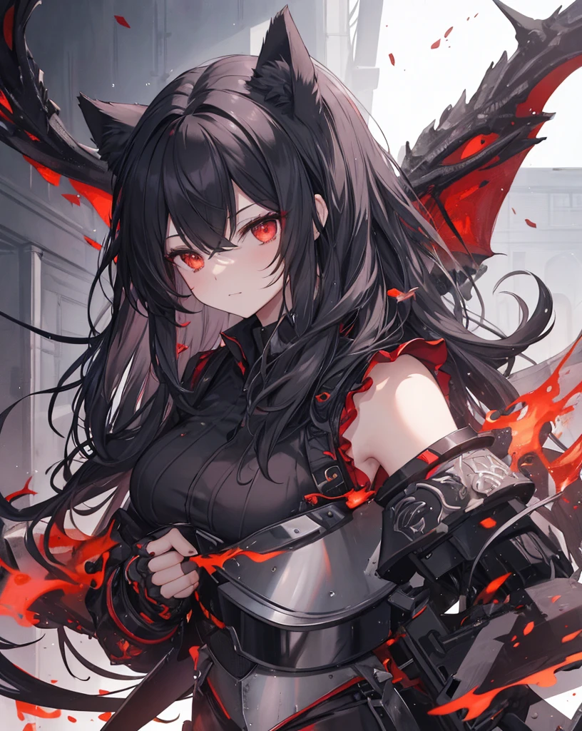 masterpiece, 1catgirl, cat ears, White long hair, Red eyes, intricate Black armour, she is a dragon slayer with a giant dead dragon behind her. She won the fight. Damaged black and Red shirt over the armour. Portrait.