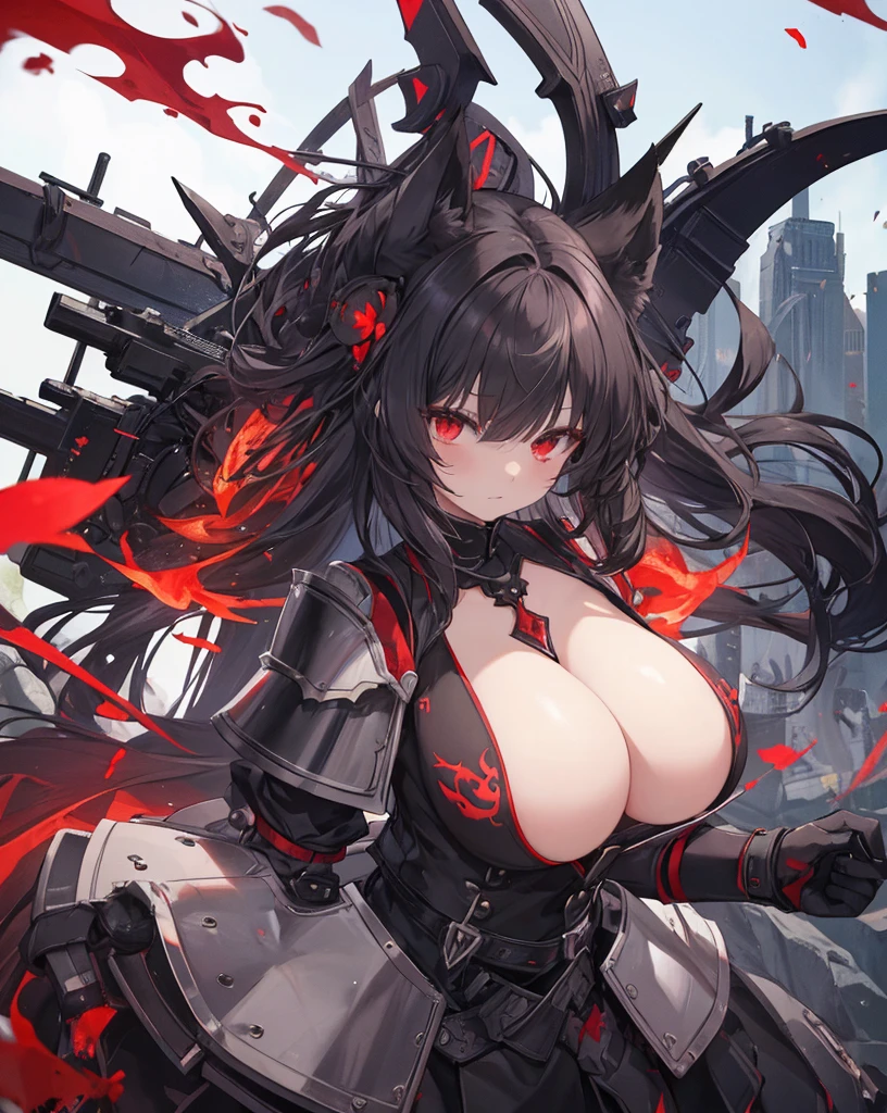 masterpiece, 1catgirl, cat ears, White long hair, Red eyes, intricate Black armour, she is a dragon slayer with a giant dead dragon behind her. She won the fight. Damaged black and Red shirt over the armour. Portrait. 