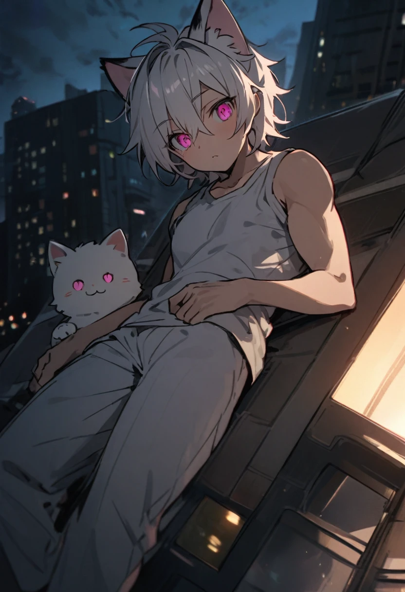 young man, short white hair, pink eyes, Kitten ears, Hospital Clothes Slightly muscular body, Lying on the ground at the top of a building, at night, Raby