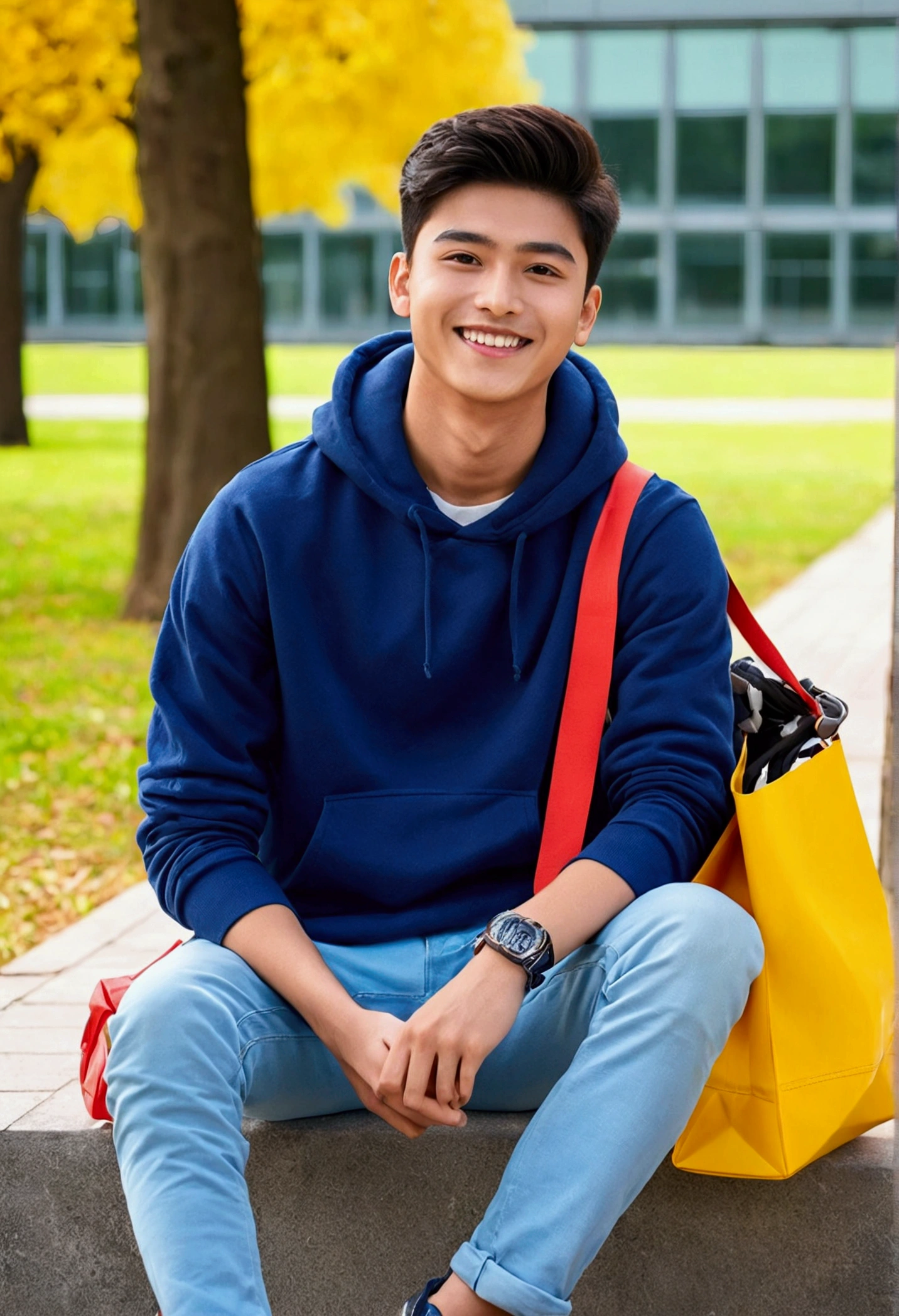 Best Picture Quality，high definition detail，A boy sitting in university campus ，Around 22 years old，Bright smile，Flat style，Bright colors, looking into camera , holding bag on shoulder