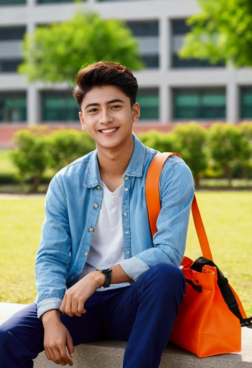 Best Picture Quality,high definition detail,A boy sitting in university campus ,Around 22 years old,Bright smile,Flat style,Bright colors, looking into camera , holding bag on shoulder