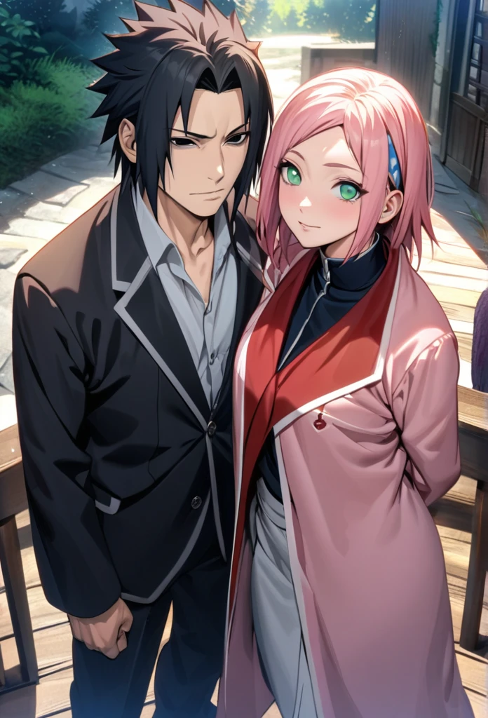 Ultra detailed, Highres, absurdres, HDR, Uchiha sasuke as a professor , black hair, black eyes, with Haruno Sakura as student, pink hair, green eyes, Naruto Shippuden, 1 man with 1 woman 