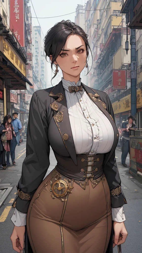 (masterpiece:1.3), (disorganized:1.3), (highest quality:1.3),(perfect anatomy),(detailed face),Steam punk, Victorian era,Hong kong,Kowloon,horizontal angle,hands,((looking at viewer)), (Super detailed:1.3),(best shadow:0.7), solo,1 middle age woman around 50 years old,Demon slayer,Exorcist,saggy breast,(treated hair), pulled back hair,fine eyes, beautiful eyes, 1 mature woman, ((saggy breast)),alone, standing, crystal earrings,closed_mouth, arm_behind_return,rest outdoors, intimidating pose,cowboy shot