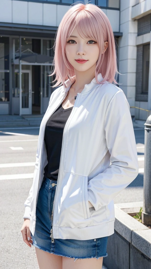 A woman with pink hair and a white jacket,White miniskirt anime realism style, Unreal 5. RPG Portrait, cgsociety portrait, Realistic art style, Smooth anime CG art, Photorealistic Anime Girl Rendering, Realistic anime 3D style, Loss Draw 1. 0, Realistic 3D animation, ArtJam ; 3d unreal engine, Realistic anime art style,The background is the city,smile