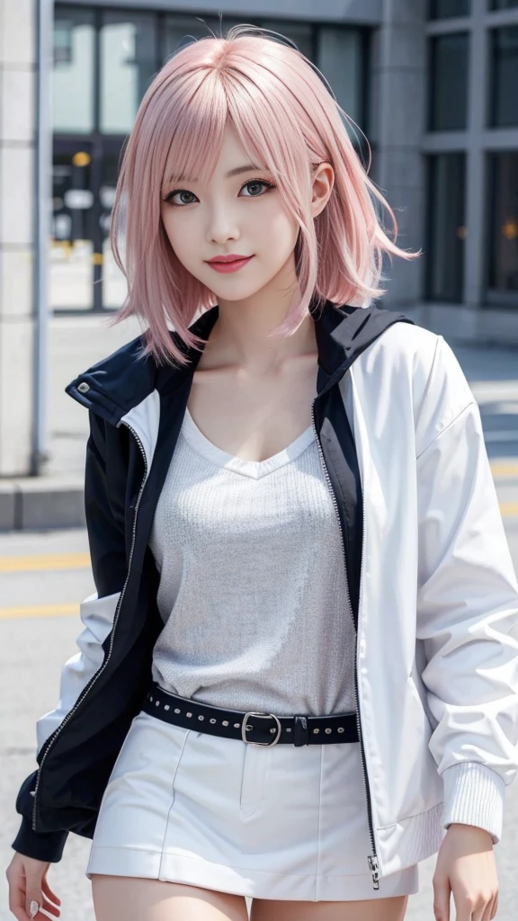 A woman with pink hair and a white jacket,White miniskirt anime realism style, Unreal 5. RPG Portrait, cgsociety portrait, Realistic art style, Smooth anime CG art, Photorealistic Anime Girl Rendering, Realistic anime 3D style, Loss Draw 1. 0, Realistic 3D animation, ArtJam ; 3d unreal engine, Realistic anime art style，The background is the city，smile