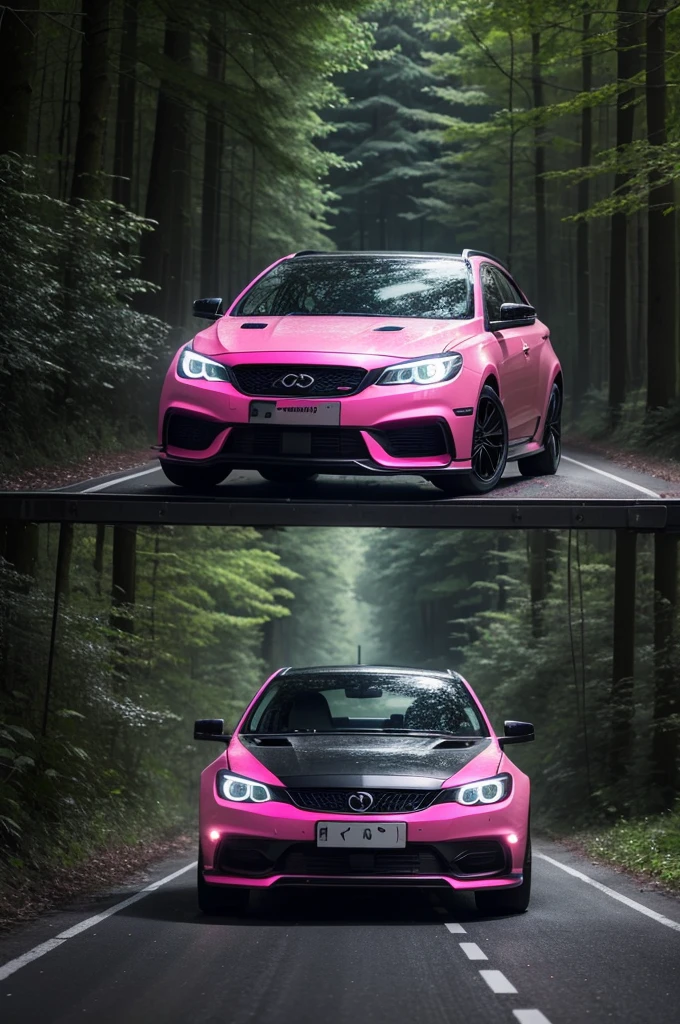 A black car with pink LED lights on a track in the middle of a forest (high qualiy) (realisitic) (low light intensity)