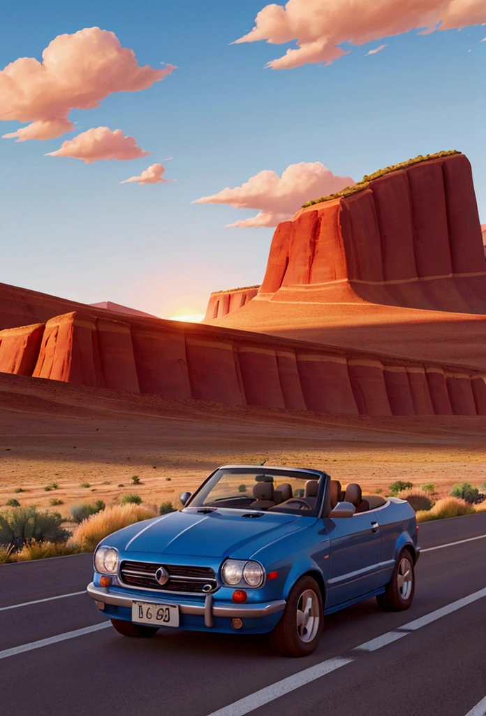 Create an image of a person driving a convertible car on an endless road. The person is enjoying the drive, listening to music, with the wind blowing through their hair. The sun is shining brightly in a clear sky, casting a warm glow over the scene. The road stretches out into the horizon, disappearing into the distance. The surroundings are vast and open, with either a desert, fields, or mountains in the background. The overall mood should convey a sense of freedom, joy, and adventure