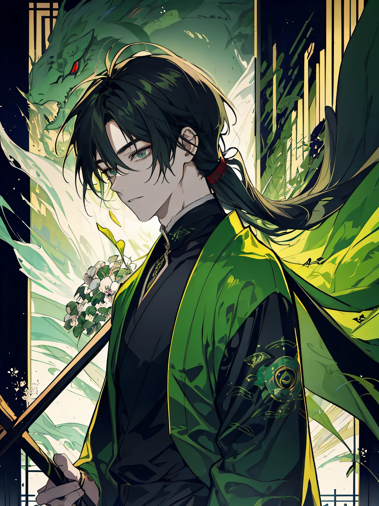 Rogue, 1man, fantasy ,longhair, greeneyes, samuraistyle, blackhairhightlightgreen, japan, handsome, 21yearold,