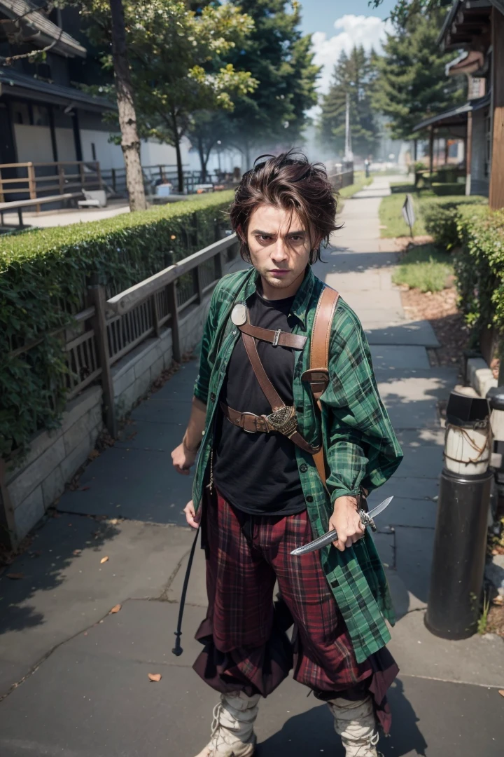 a man brown hair holding a sword near a fire,Green and black plaid shirt, realistic photo ,cinematic