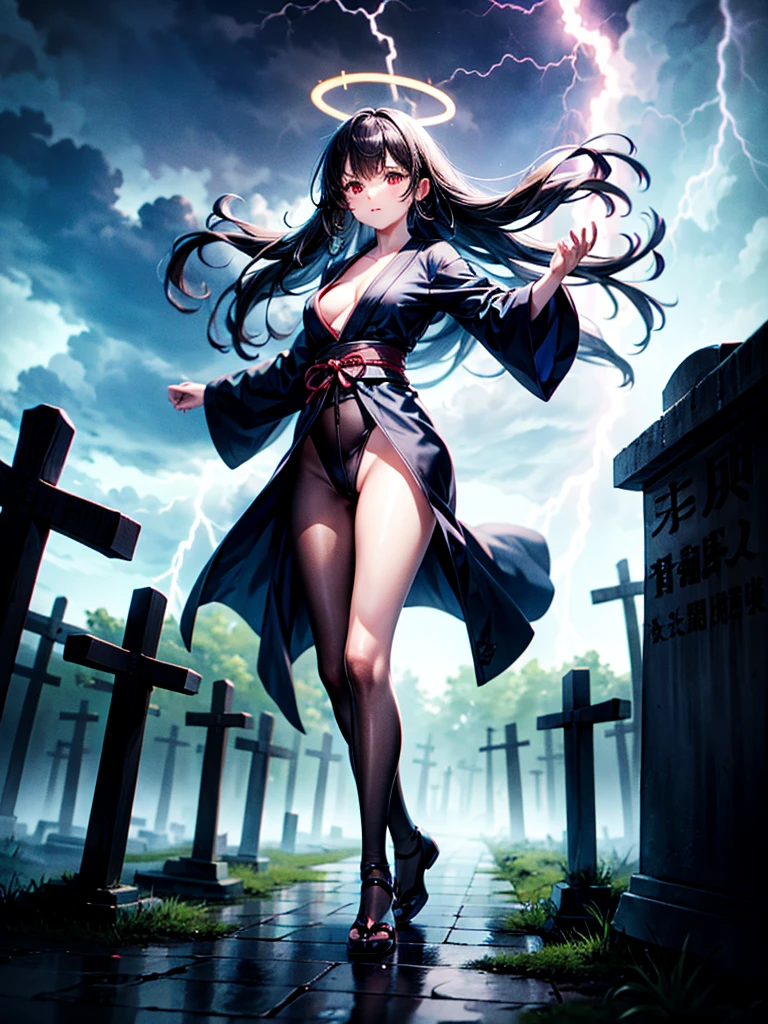 Highest Resolution,Highest quality,A beautiful girl with no expression in a black kimono leotard,(((No legs))),High leg,Floating in the air,Very beautiful red eyes,Black hair semi-long hair,Halo,thunderstorm,Bad weather,Japanese Cemeteries,A road lined with gravestones,1Two Red Torii Gates,Company,Bamboo grove,lightning,Lightning strikes,whole body,up,front,