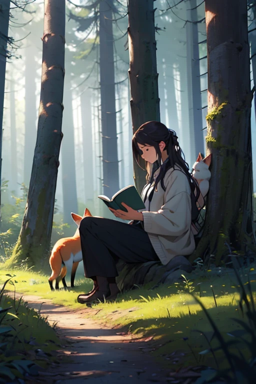 A woman reading in the forest with a fox by her side