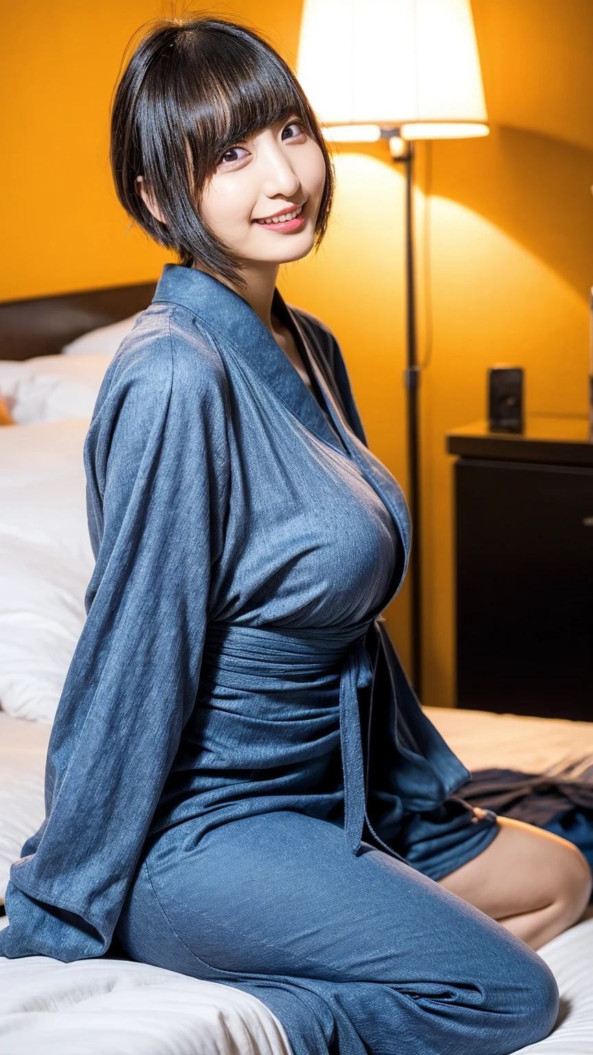 20-year-old, 8k, RAW Portrait (Japanese Girls), photo Realistic, Ultra-high resolution, Highest quality, Actual photo , dramatic, Atmospheric, Realistic,
One girl, a very beautiful Japanese Girls, Big Breasts,Glamorous shot of a girl, smile,Bobcut,Textured skin,Bathrobes,Hotel,lying on bed,Thighs,Big and beautiful eyes,Rich, Beautifully detailed nose,View your viewers, 