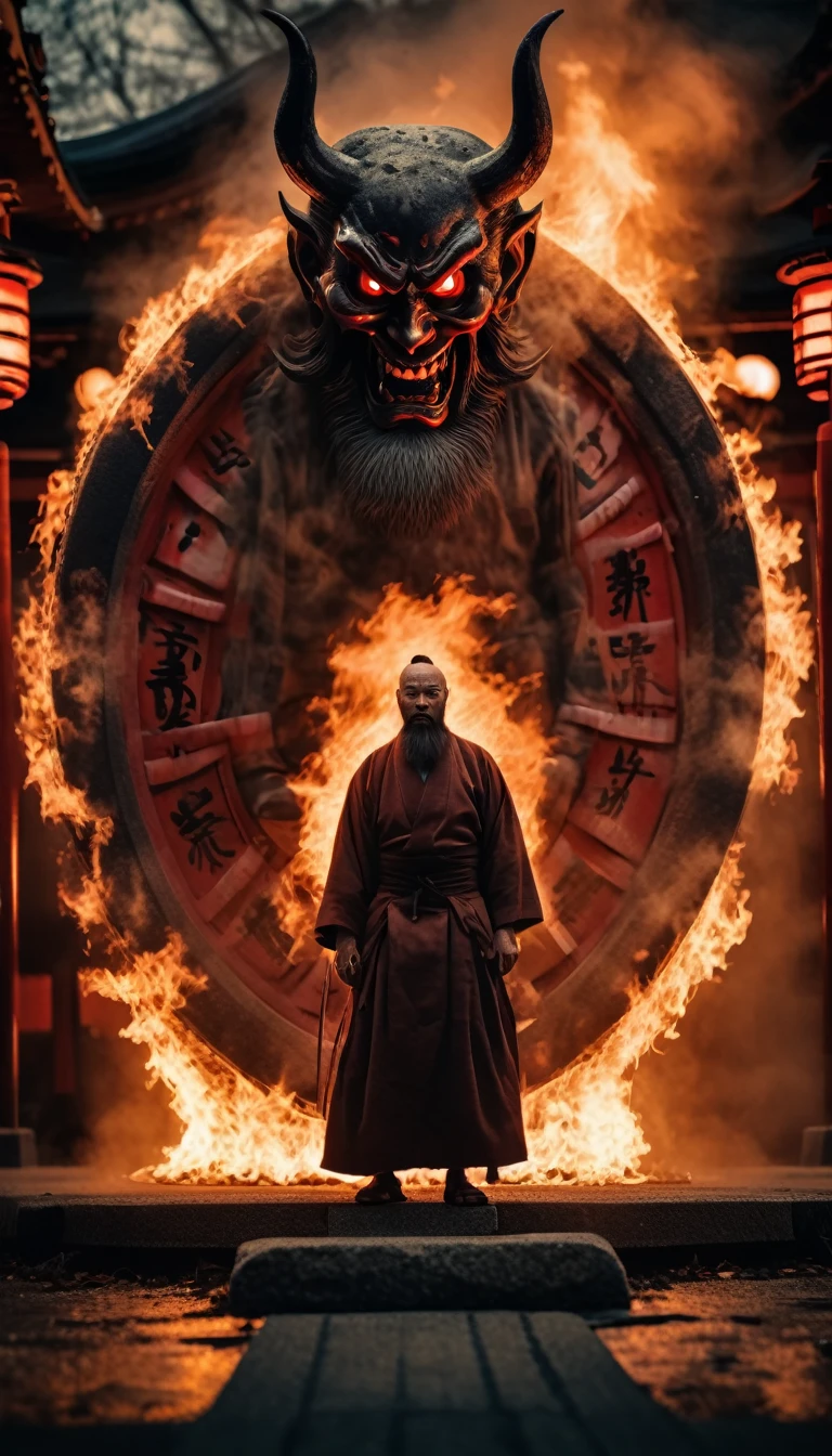 8k,Horror movie photos,Full body image,Devil on Wheels、The wheels are on fire,In the center of the wheel is the face of a bearded warrior.,The background is a Japanese shrine,Shallow depth of field, Vignette, Very detailed, High budget, Bokeh, CinemaScope, Sulky, amazing, nice, Film Grain, Creepy, Anxious, dark, Creepyな, Suspenseful, strict, Very detailed 情報