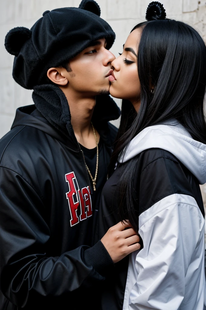 A boy dressed as a rapper bear kissing his vampire girlfriend