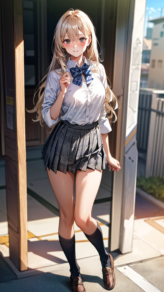 (masterpiece:1.3, Highest quality, Ultra-high resolution, Super detailed), (Realistic, photoRealistic:1.4), Beautiful illustrations, Perfect lighting, Natural light, colorful, Depth of written boundary,
View your viewers, whole body, 1 girl, Japanese, high school girl, Perfect Face, (Perfect Anatomy), Cute and symmetrical face, Baby Face, Glowing Skin, ,
(Long Hair:1.5, Straight hair:1.5, Let your hair flutter), bangs, Hair between the eyes, Iris, Long eyelashes, (Large Breasts:0.8),
Beautiful Hair, Beautiful Face, Beautiful attention to detail, Beautiful clavicle, Beautiful body, Beautiful breasts, Beautiful thighs, Beautiful feet, Beautiful fingers,
((Collared short-sleeved shirt, White shirt, Grey plaid pleated skirt, Blue checked bow tie)), White panties,
(Beautiful views), Daytime, (Downtown), Are standing, (Lift up the skirt, Grab the hem of your skirt, please put your hand on your chest, Place your hands between your legs), blush,