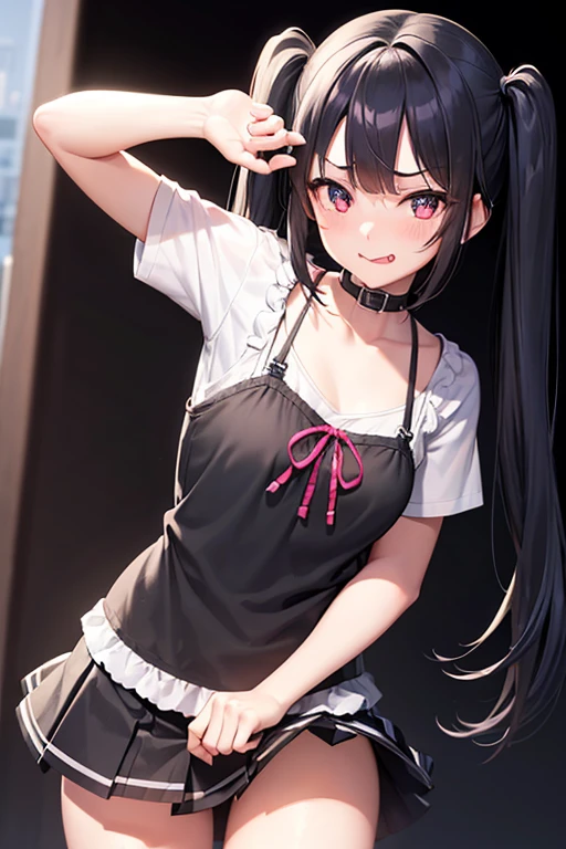 a cute mischievous girl with twin tails, black hair, playful eyes, wearing a  with a short skirt, , tongue out, low angle, hyper realistic, 8k, intricate details, masterpiece, vibrant colors, dramatic lighting, soft focus