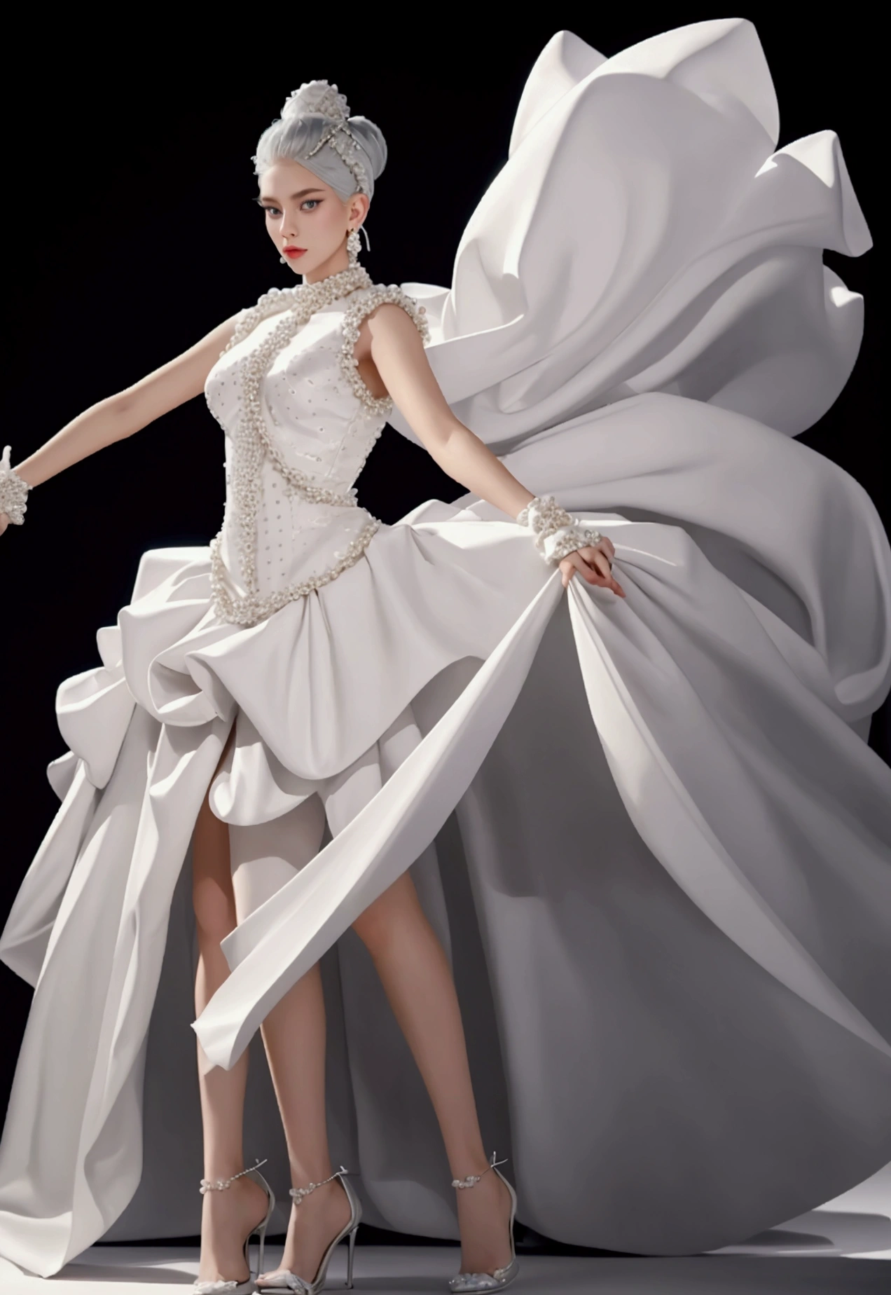 a fashion design of a pearl dress, a model wearing pearl earrings posing with pearls hair in dress with pearls, fashion design, exaggerate position, futuristic magazine cover, Dynamic movements, exastanding, full-body, solid background, in the style of baroque-punk, multi-layered, chen zhen, high gloss, lady gaga, imitated material, meticulous design —ar 3:4 —niji 6