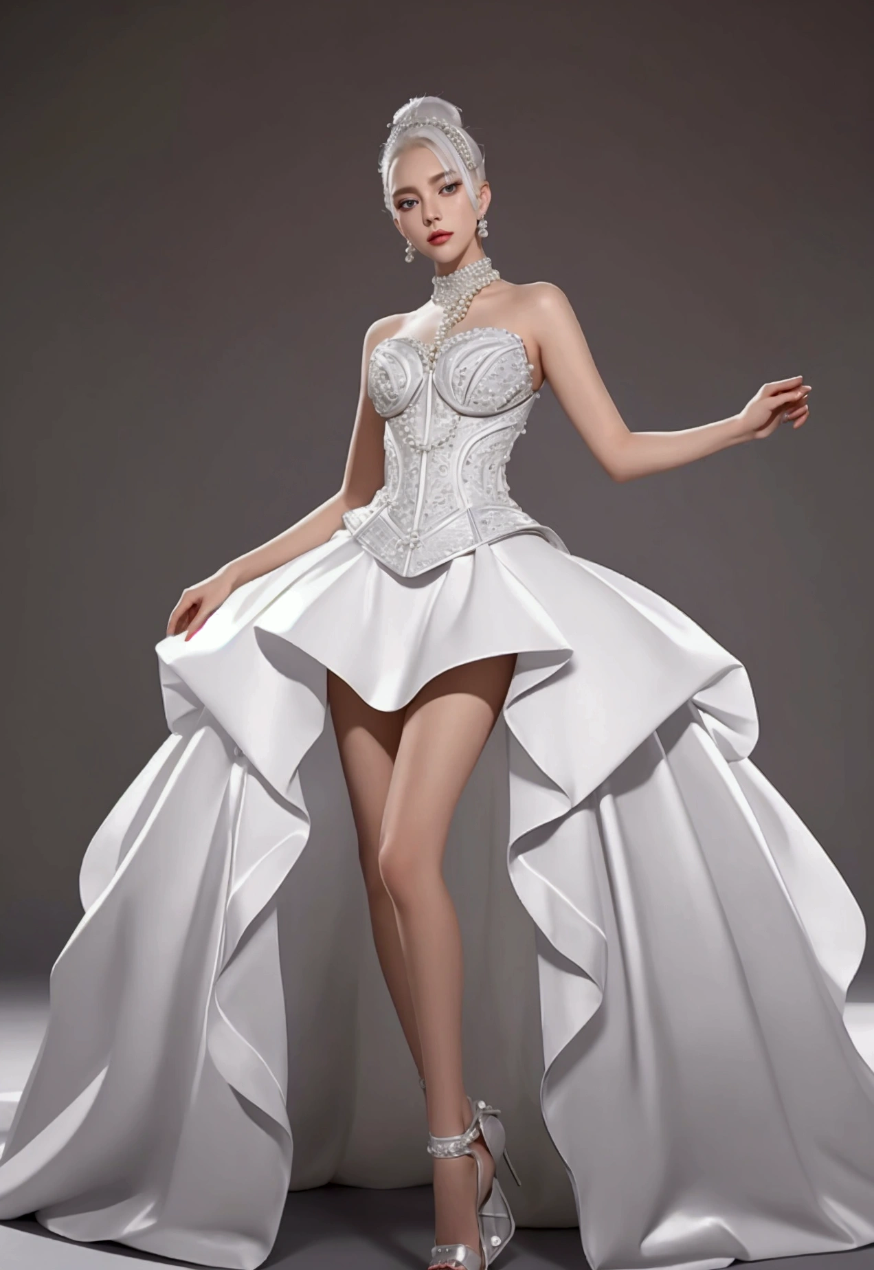 a fashion design of a pearl dress, a model wearing pearl earrings posing with pearls hair in dress with pearls, fashion design, exaggerate position, futuristic magazine cover, Dynamic movements, exastanding, full-body, solid background, in the style of baroque-punk, multi-layered, chen zhen, high gloss, lady gaga, imitated material, meticulous design —ar 3:4 —niji 6