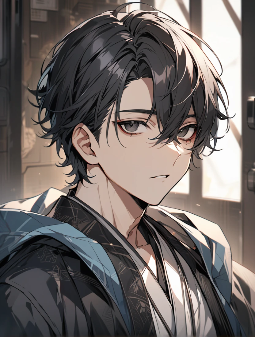 (black_hair), (short_hair), (deep_black_eyes), (high_detailed_eyse), (Handsome), (Attractive), (male), (unique_black_colored_Haori), (detailed_Hair), (detailed), (detailed_mouth), (Teenager), (dark_under_eyes), 