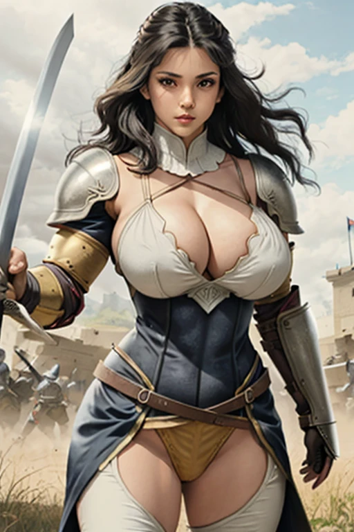 voluminous hair, big hair, big breasts, swordswoman,(fully clothed skintight), (black armor), woman , standing in an open battlefield holding sword, muscle