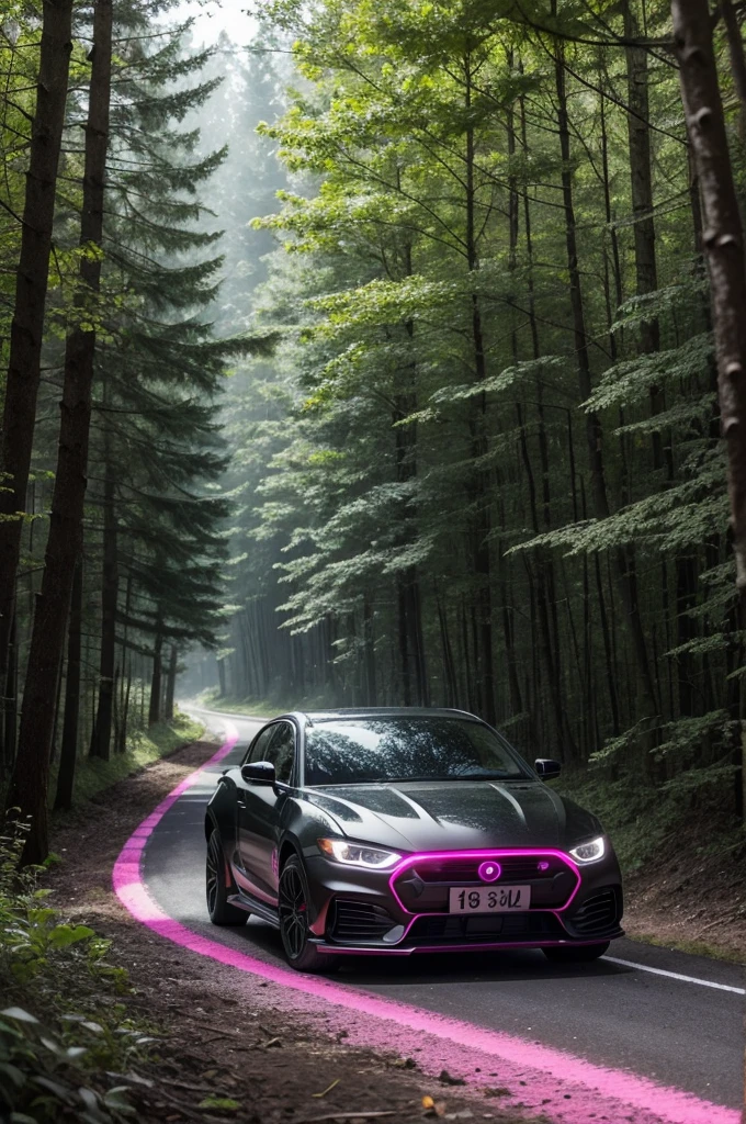A black car with pink LED lights on a track surrounded by a forest allowing little light to pass through